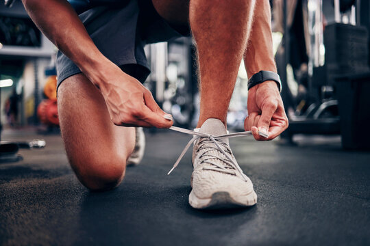 Gym, hands and man tie shoes getting ready for workout, training or exercise. Fitness, sports or male athlete in fitness center preparing for running, cardio or bodybuilding practice in health studio
