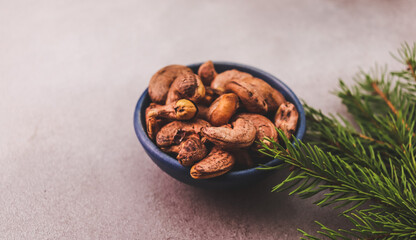 unpeeled cashew nuts in a bowl on a gray background selective focus