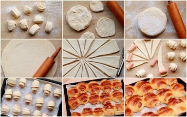 Croissants with sausages recipe, step by step cooking. Food collage. On a wooden background. View from above.