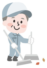 落ち葉を掃除するシニア男性作業員