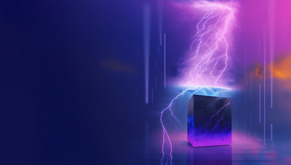 Abstract lightning on a cube with purple background, creative emotions concept 3d rendering
