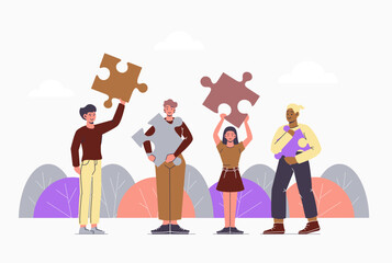 Metaphor for business team collaboration. People connect the elements of the puzzle. Teamwork, collaboration, partnership. Vector, flat, modern illustration