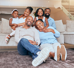 Portrait, big family and african american people bonding with love, care and affection in a family...