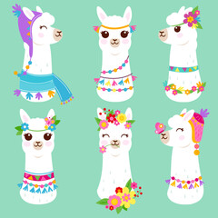 Cute white llama or alpaca heads with flowers, knit hats and colorful traditional accessories.  Vector illustration