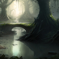 A foggy swamp. Dark and mysterious.	