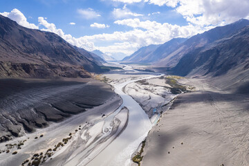 Aerial view of shyok river, part of the silk road, northern of Leh, Ladakh, Jammu and Kashmir, India.