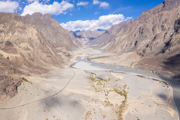 Aerial view of shyok river, part of the silk road, northern of Leh, Ladakh, Jammu and Kashmir, India.