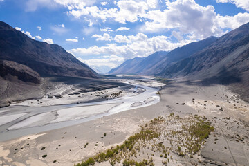 Aerial view of shyok river, part of the silk road, northern of Leh, Ladakh, Jammu and Kashmir, India.