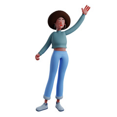  3D illustration. 3D Cartoon Afro Girl Character waving. showing a friendly smile. has cute frizzy hair. 3D Cartoon Character