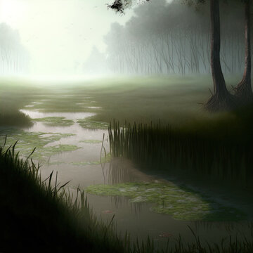 A foggy swamp. Dark and mysterious.	