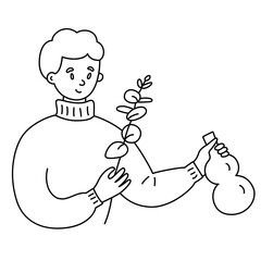 Man decorating home, putting eucalyptus branch in vase, bubble vase icon, vector doodle illustration of home decor, isolated outline clipart on white background