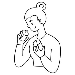 Woman smelling candles, scented candle icon, vector doodle illustration of home decor and scents, decorating home and choosing gift, isolated outline clipart on white background