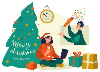 Online Christmas. A girl with a laptop sits on the floor near the Christmas tree. Celebrate holidays from a distance. Concept. PNG image.