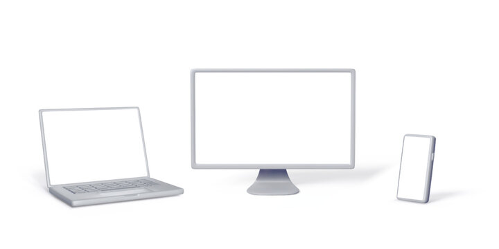 Set of 3D silver computer devices for banner design. Mock up of laptop, PC monitor, smartphone with empty white screen