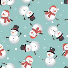 Seamless pattern with snowmen and snowflakes on teal background