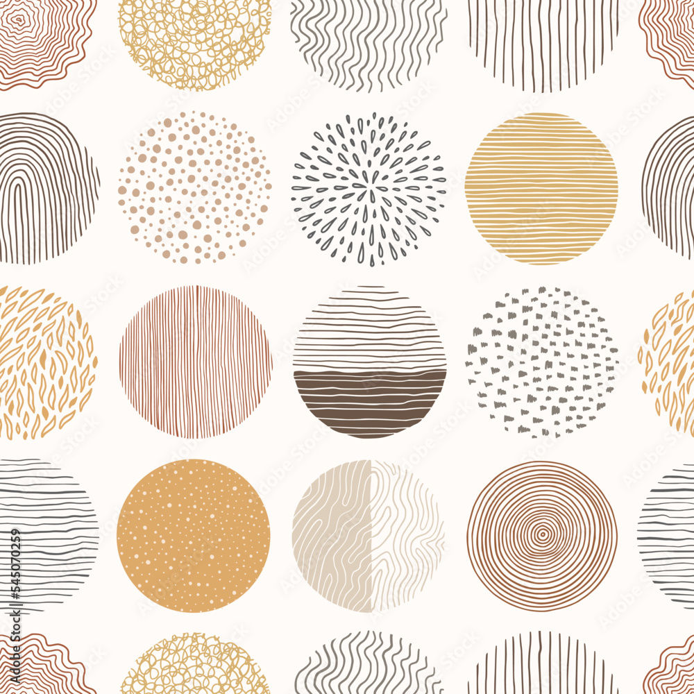 Poster Hand drawn doodle children circle seamless pattern. Doodle style abstracrt textured scribble, stripped, dot circle element pattern. Boho color background. Vector illustration