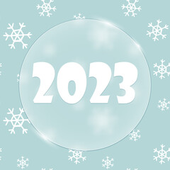 2023 Christmas and New Year's template for greeting , invitations, tags, stickers, postcards. Xmas poster with round place for text in trendy style glassmorphism or frosted glass. Vector illustration