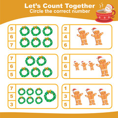Counting game basic math with Christmas theme for kids. Let’s counting together worksheet. Educational printable math worksheet. Math game for children. Fun math for kids. Kawaii vector illustration