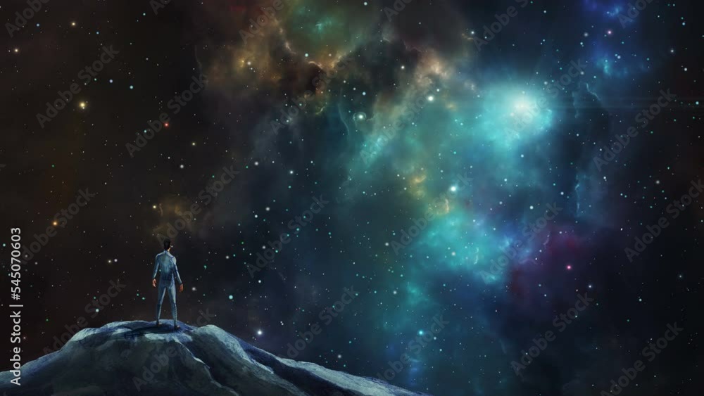 Wall mural space scene. man standing on rock with colorful nebula and stars. elements furnished by nasa. 3d ren