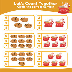 Counting game basic math with Christmas theme for kids. Let’s counting together worksheet. Educational printable math worksheet. Math game for children. Fun math for kids. Kawaii vector illustration