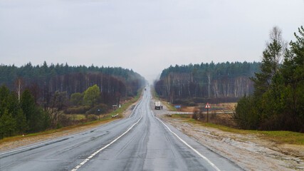 Rainy road through Russian forest