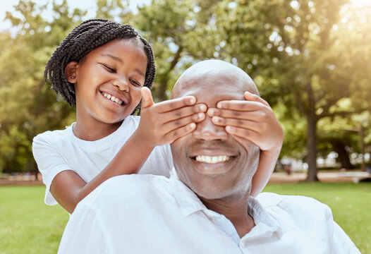 Park, Surprise And Girl With Happy Dad, Hands Over Eyes And Playing At Picnic In Garden. Nature, Love And Family, Young Child And Black Man On Grass For Family Fun In Summer, Spending Time Together.