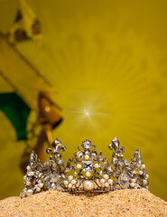 Yellow Desert Sand Diamond Crown put into golden sun natural hot middle east for Miss Beauty Pageant Contest Competition, bikini sash high heel shoes hang on wind outing trip camping background