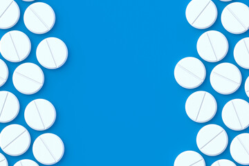 Pills on blue background. Concept of healthcare and medical. Dosage of medications and vitamins. Top view. Copy space. 3d render