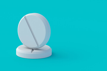 Two pills on turquoise background. Concept of healthcare and medical. Dosage of medications and vitamins. Copy space. 3d render