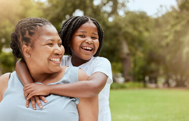 Black family, nature and child hug mother while relax in grass field park for bonding, mockup and quality time together. Love, youth child care and freedom for happy kid girl with mom, mama or parent