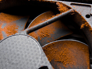 A dirty cooler fan. Close-up