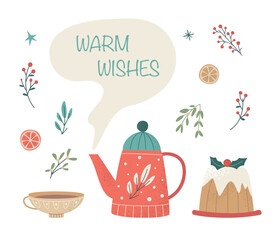 Vintage vector set with cozy teapot, mug and sweets. Tea and traditional Christmas cake, decorative floral elements. Warm wishes for Xmas, New year or winter holidays