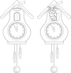 Wall clock in the form of a pear with a pendulum. Vector coloring book illustration.