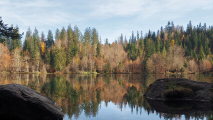 Panoramic horizontal view of trees on mountain with peaks in the background on a cloudy day