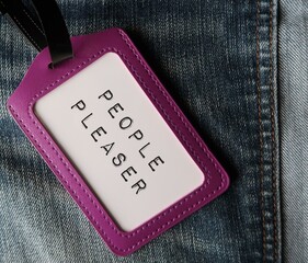 Purple ID card label with words PEOPLE PLEASER, means people who put someone elses needs ahead of...