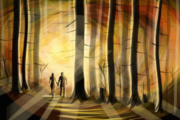 young couple walking in the forest at sunset painting