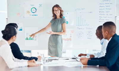 Business woman, leadership and coaching on whiteboard for marketing strategy, meeting or...