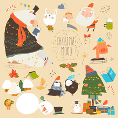 Cartoon Christmas Set with Cute Animals and Holiday Elements