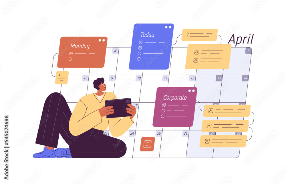 Poster Time-management and planning concept. Man setting tasks, events in calendar. Person organizing schedule in online planner, organizer. Flat graphic vector illustration isolated on white background