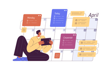 Time-management and planning concept. Man setting tasks, events in calendar. Person organizing schedule in online planner, organizer. Flat graphic vector illustration isolated on white background