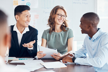 Marketing, planning and business people with report in a meeting, smile and happy with analysis of growth at a startup. Partnership, strategy and employees in conversation about company analytics