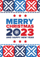 Merry Christmas and Happy New Year 2023. Magic holiday poster with snowflake. Winter celebration event. Christmas party. Congratulation card. Festive design template. Vector illustration