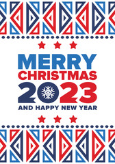 Merry Christmas and Happy New Year 2023. Magic holiday poster with snowflake. Winter celebration event. Christmas party. Congratulation card. Festive design template. Vector illustration