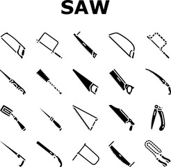 saw hand wood construction icons set vector. tool carpentry, handsaw blade, work manual, equipment sharp, metal carpenter, cut saw hand wood construction glyph pictogram Illustrations