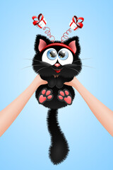 Cute fluffy little black cartoon Kitten in the human hands with little gift boxes. Birthday, Christmas, gift, family, adopt concept.
