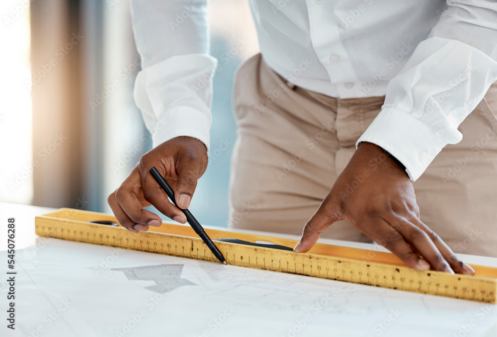 Aufkleber Measure, blueprint and architecture hands drawing lines for project development construction planning and design process contractor. Floor plan and tools of civil engineering black man table zoom