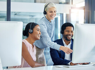 Call center, customer support and manager helping consultants with online consultation in office....