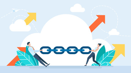Business competition. Businessman and Businesswoman pull the chain as a symbol of rivalry, competition, conflict. Tug war, two person pulling circuit in opposite directions. Flat Vector illustration.