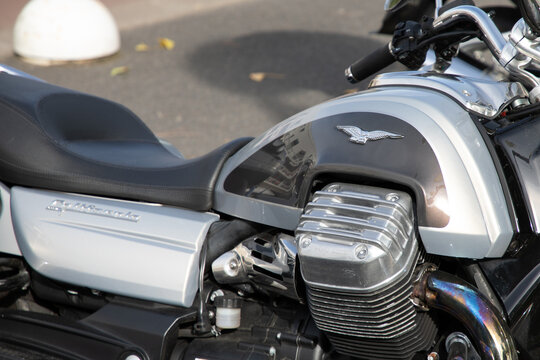 Moto Guzzi grey logo brand and text sign california motorcycle on fuel tank gray Italian manufacturer motorbike