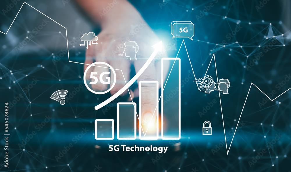 Poster global network connection 5g concept, laptop with global network connection 6g with icon concept, te